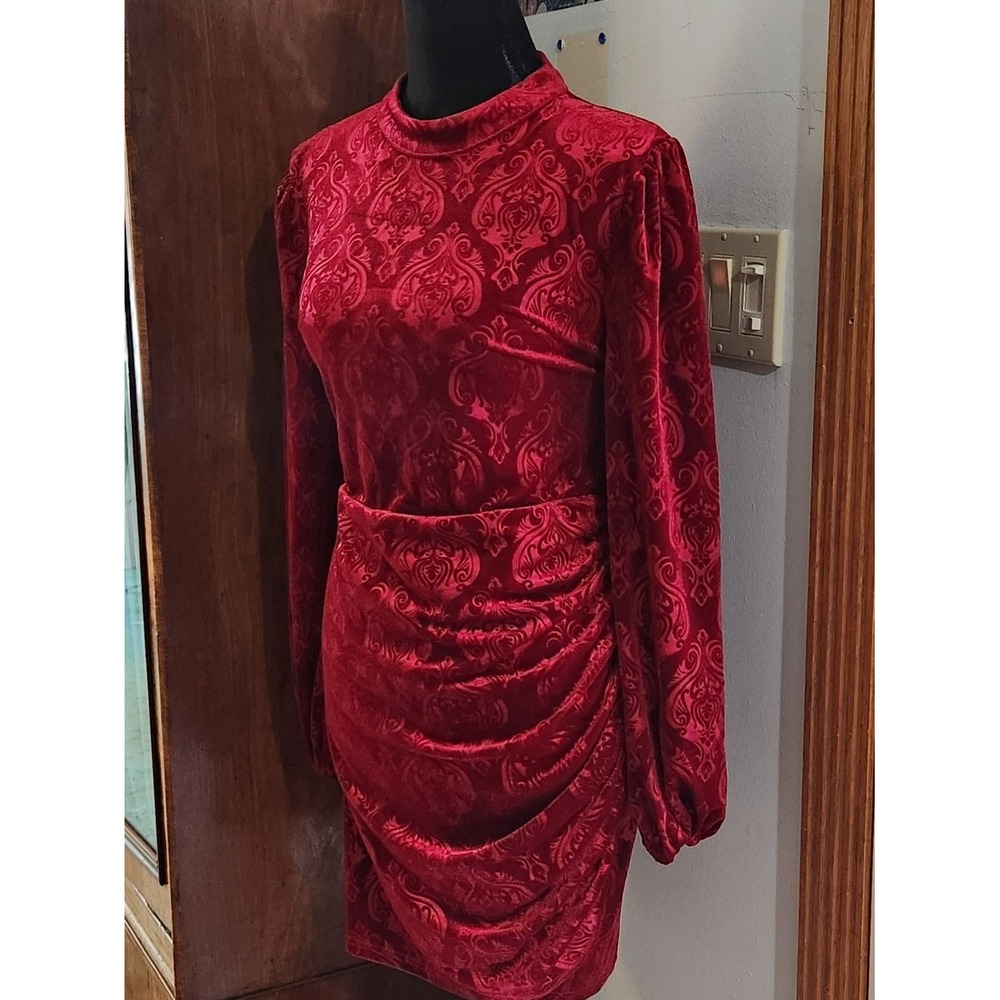 Modest Red Velvet Ruched Knee Length Dress Brocade Balloon Long Sleeve MEDIUM